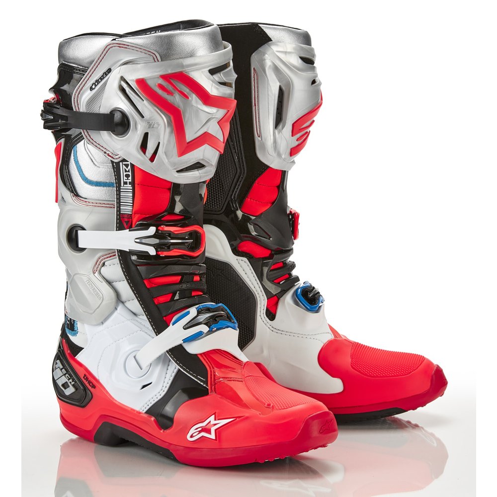 boty TECH 10 limitovaná edice VISION, ALPINESTARS (černá/bílá/stříbrná/červená fluo/modrá)