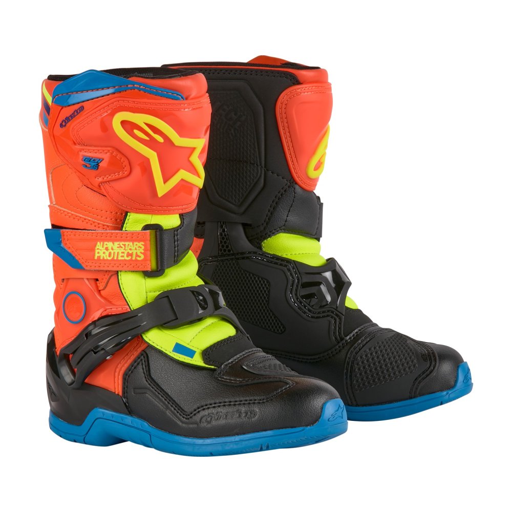 boty TECH 3S KIDS, ALPINESTARS, dětské (oranžová fluo/modrá/žlutá fluo/černá) 2025